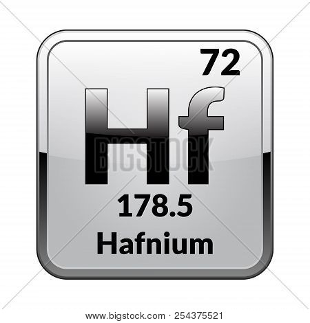Hafnium Symbol.chemical Element Of The Periodic Table On A Glossy White Background In A Silver Frame