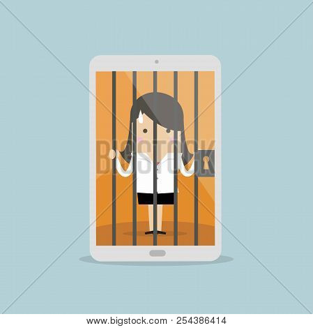 Businesswoman Locked In Smartphone Cartoon Character. Vector