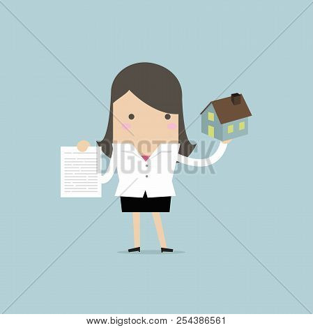 Businesswoman Real Estate Agent Holding House And Contract. Vector
