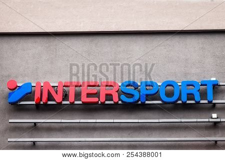 Belgrade, Serbia - August 19, 2018: Intersport Logo On Their Main Store In Belgrade Serbia. Interspo