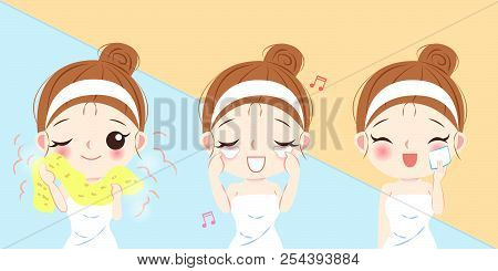 Cartoon Beauty Woman With Facial Clean Concept With Blue Background