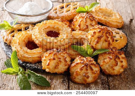 French Dessert Biscuit Cookies Rocher Coco, Couque And Marimbas With Mint Closeup. Horizontal