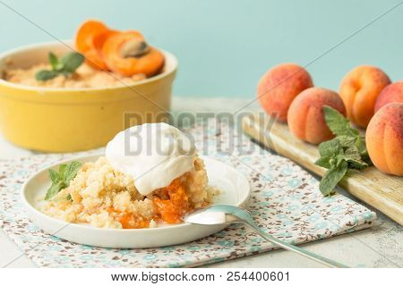Homemade Apricot Cramble With Ripe Apricot Fruits. Apricot Cramble