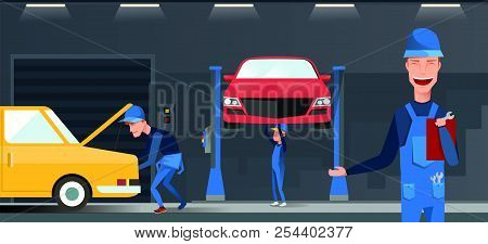 Car Repair Maintenance Autoservice Center Garage Isometric View Interior With Mechanics Testing Lift