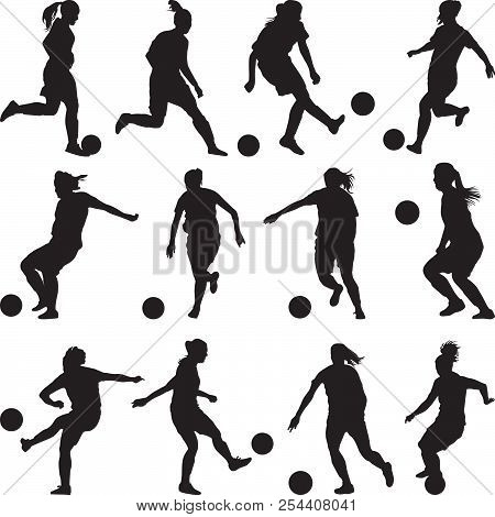 Set Of Twelve Girl Soccer Player Silhouette Vector