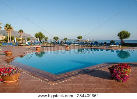 Malia. Crete, Greece - July 1, 2018: Swimming Pool At Luxury Hotel In Malia On Crete, Greece