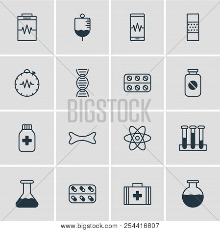 Vector Illustration Of 16 Medicine Icons Line Style. Editable Set Of Diagnosing, Plaster, Dna And Ot