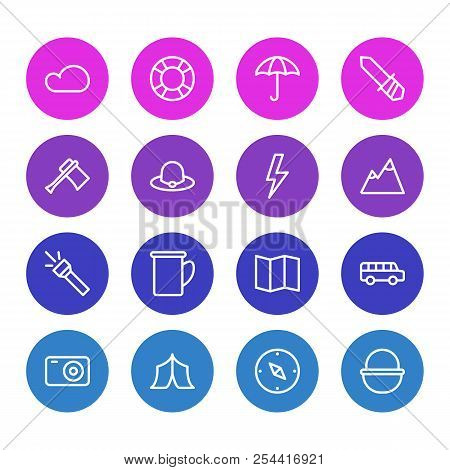 Vector Illustration Of 16 Camp Icons Line Style. Editable Set Of Hat, Mountain, Axe And Other Icon E