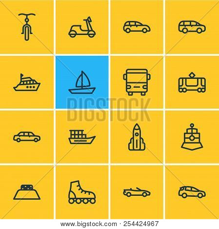 Illustration Of 16 Transport Icons Line Style. Editable Set Of Mpv, Bicycle, Shuttle And Other Icon 