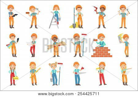 Children Doing Construction Work Set Of Bright Color Isolated Vector Drawings In Simple Cartoon Desi