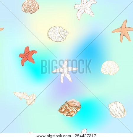 Sea World Seamless Pattern, Background With Fish, Corals And Shells On Blue And White Stripes Backgr