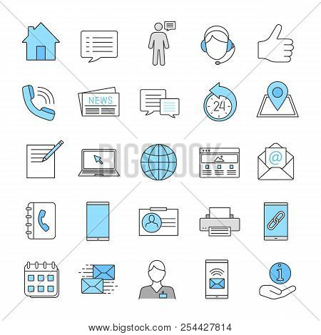 Information Center Color Icons Set. Office Supplies, Communication Devices, Support Service. Isolate