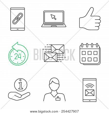 Information Center Linear Icons Set. Link, Laptop, Like, Reschedule, Mailing, Calendar, Helpdesk, Ho