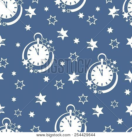 Seamless Pattern With Clock And Stars. Christmas And New Year 2019 Background. Design For Packaging 