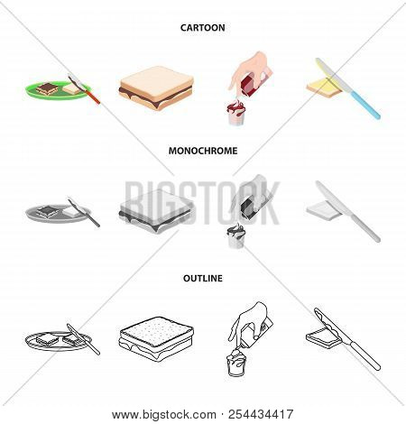 Dessert With Cream, A Sandwich And Other Food. Food Set Collection Icons In Cartoon, Outline, Monoch