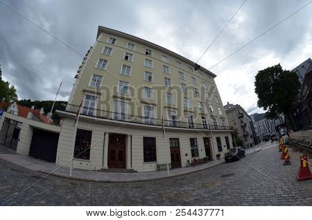 Grand Hotel. Historical building near Bergen Station - the main railway station in the Bergen city in Norway. June 26,2018. Bergen,Norway
