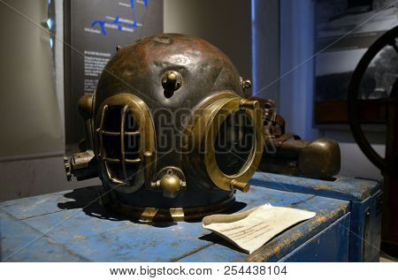 Diving equipment of the 19th century.Halden Channel Museum.July2,2018. Orje,Norway