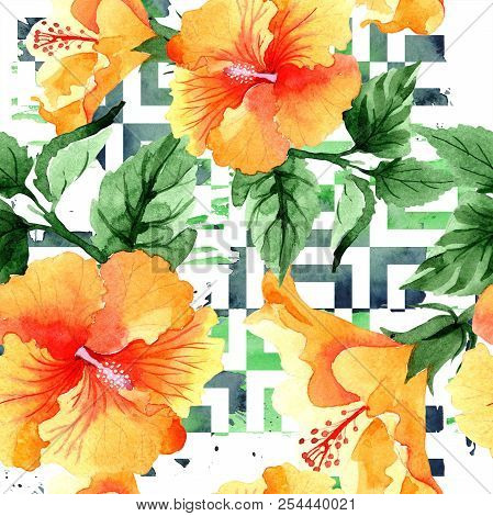 Watercolor Orange Naranja Hibiscus Flowers. Floral Botanical Flower. Seamless Background Pattern.