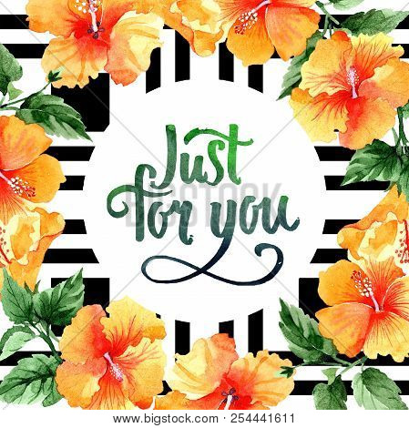 Watercolor Orange Naranja Hibiscus Flowers. Floral Botanical Flower. Frame Border Ornament Square.