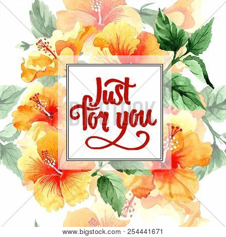 Watercolor Orange Naranja Hibiscus Flowers. Floral Botanical Flower. Frame Border Ornament Square.