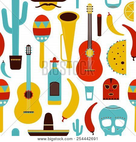 Motley Mexico Seamless Pattern With Traditional Mexican Items On White Background - Tequila, Lucha L