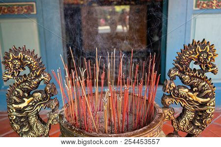 Censer With Lots Of Burning Incense Sticks In Guangong Temple In Tainan Taiwan