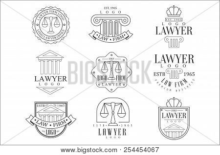 Law Firm And Lawyer Office Logo Templates With Classic Ionic Pillars, Pediments Balance Silhouettes