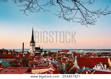 Beautiful View To The Old Rown Of Tallinn From The City Wall At Sunset