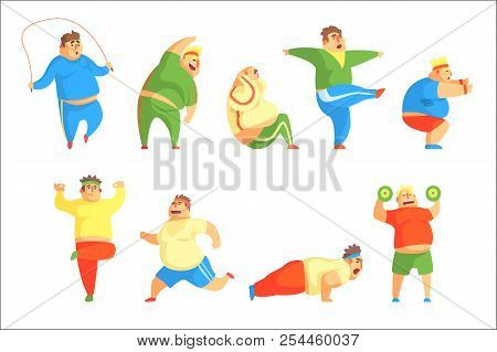 Funny Chubby Man Character Doing Gym Workout Set Of Illustrations
