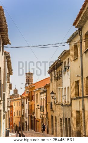 Street With Colorful Houses And Cathedral Tower In Tudela, Spain