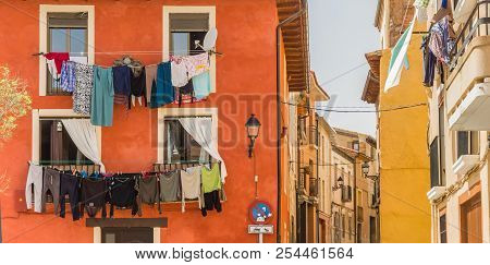 Panorama Of Colorful Houses With Drying Laundry In Tudela, Spain