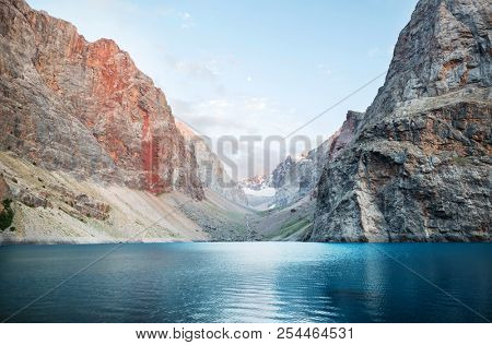 Beautiful serene lake in  Fann mountains (branch of Pamir) in Tajikistan.