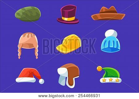 Different Types Of Hats And Caps, Warm Classy For Kids Adults Set Cartoon Colorful Vector Clothing I