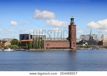 Stockholm, Sweden - Cityscape With City Hall And Riddarfjarden Channel.