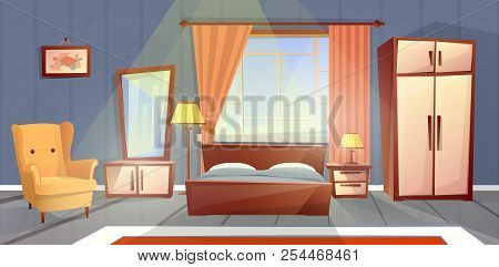 Vector Cartoon Interior Of Cozy Bedroom With Window. Living Apartment With Furniture - Double Bed, D