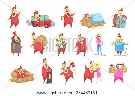 Millionaire Rich Man Funny Cartoon Character And His Money Collection Of Lifestyle Situations