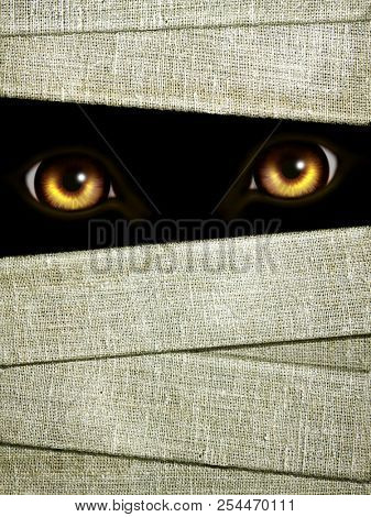 Halloween background with old bandage of mummies and eyes in dark. Mock up template. Copy space for text. 3d render