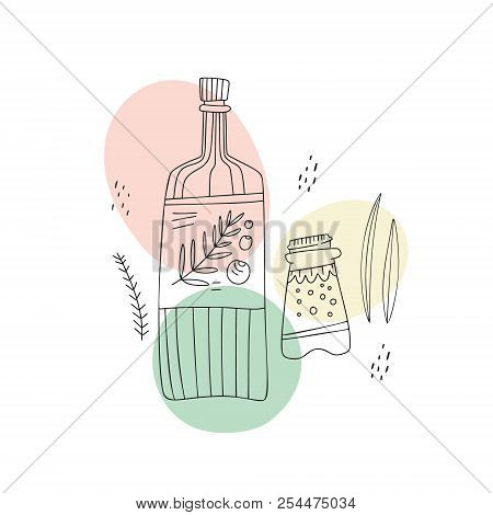 Bottle With Olive Oil And Salt Shaker. Small People Cooking Concept. Hand Drawn Illustration Made In