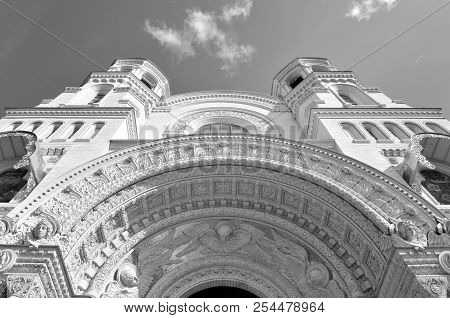 Naval Cathedral Of St. Nicholas The Wonderworker In Kronstadt, Russia. Black And White.