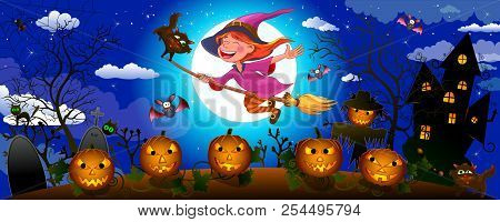 A Little Witch Flies On A Broom.  Joyful Little Witch Flying On A Broomstick In The Night Sky, Again