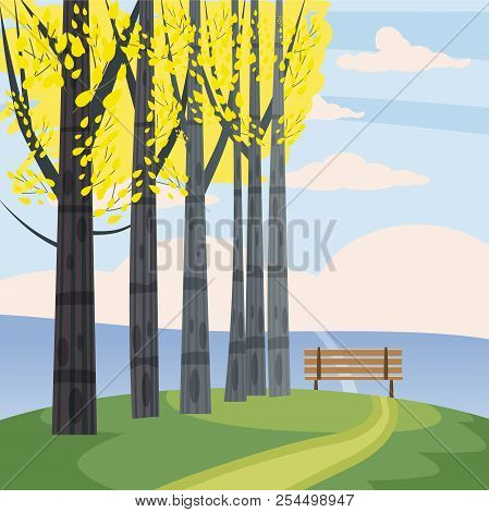 Autumn Landscape With Trees, Hills, Branch, And Fall Leaves, Vactor Illustrations, Cartoon Style