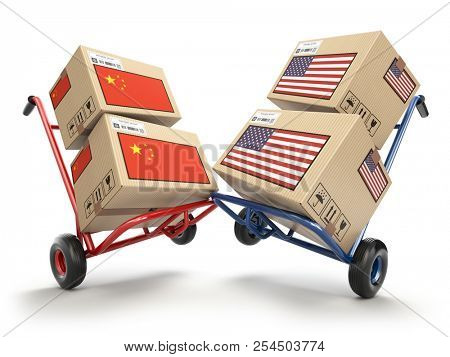 USA China economic trade war market conflict concept.  Two opposing hand trucks and cardboard boxes with USA and China flags., 3d illustration