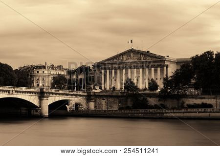Paris River Seine panorama with Pont de la Concorde and Assemblee Nationale