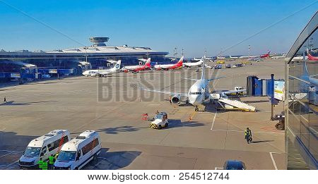 Nice, France - May 2018. Airplane Undergoes Preflight Service In The Vienna International Airport
