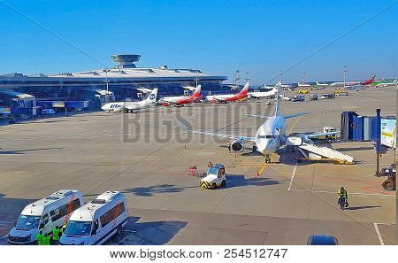 Nice, France - May 2018. Airplane Undergoes Preflight Service In The Vienna International Airport