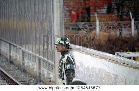 Imjingak, South Korea-november 14, 2015; Dmz Zone (south Korea): Soldier At The South Korean Base Of