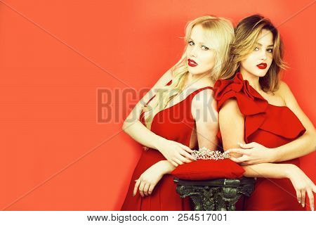 Young Pretty Sexy Women Or Girls With Cute Face And Long Blond Hair Has Red Lipstick On Lips In Dres