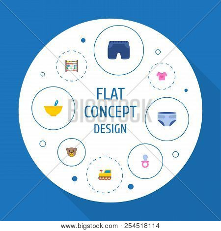 Set Of Infant Icons Flat Style Symbols With Nip, Baby Shorts, Teddy Bear And Other Icons For Your We