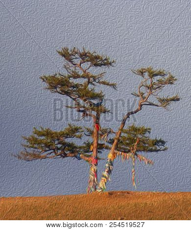 Lonely Shamanic Pine With Colorful Ribbons Hadak On Sky Background. Sacred Tree For Worship, Island 
