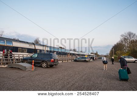 Orehoved Denmark - April 22. 2018: Dsb Double Decker Train At The Temporary Orehoved Train Station